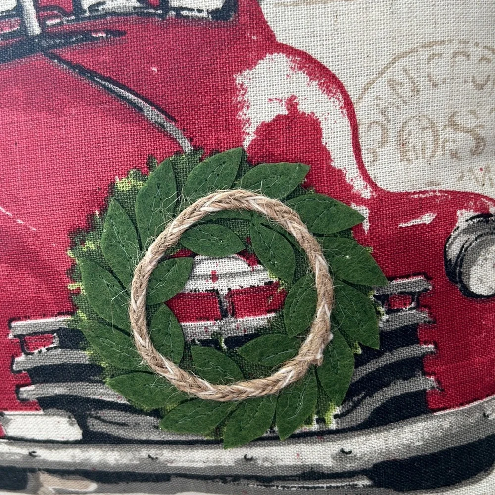 Vintage Inspired Christmas Holiday Pillow with vintage red truck & jingle bells